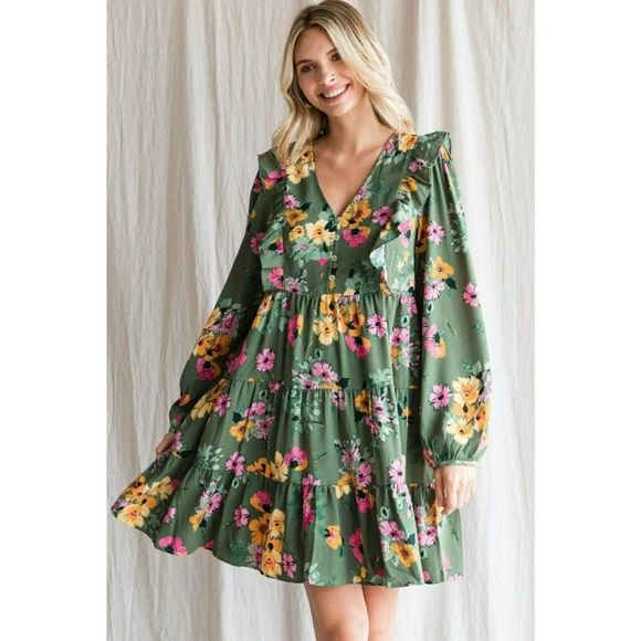 JODIFL Dresses & Skirts - JODIFL Emerald Green Floral Print Dress Buttons Ruffled Fall New S-L H20347